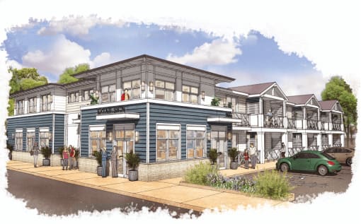 a rendering of a blue and white building with a green car