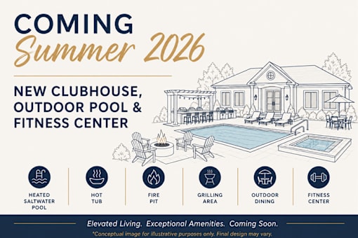 A poster announcing a new clubhouse, outdoor pool, and fitness center coming in the summer of 2026.