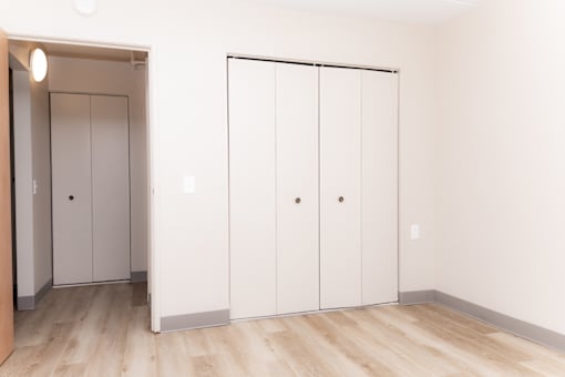 A room with a white door and a white wardrobe.
