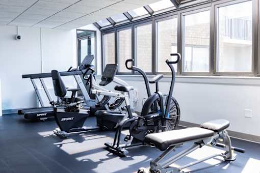 A gym with a row of exercise bikes and a bench.