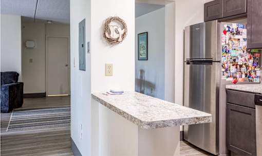 marble counter top and a stainless steel refrigerator