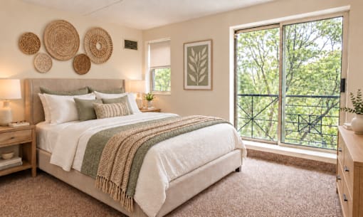 A bedroom with a large bed and a view of trees outside the window.