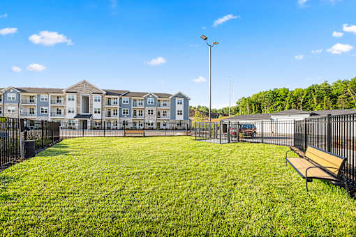 Fenced dog park with seating and lighting at Ardmore at Prosperity Apartments, Knoxville, TN