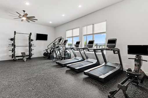 A spacious home gym with treadmills, a stationary bike, and a weight rack.