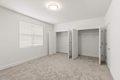 A room with a carpeted floor, a window with blinds, and a closet with doors open.