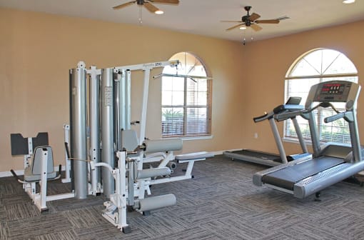 A gym with a treadmill, a weight machine, and a fan.