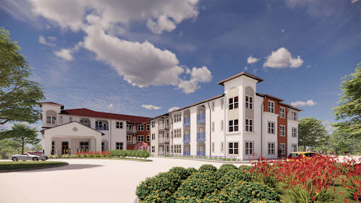 a rendering of an apartment building with a driveway and landscaping