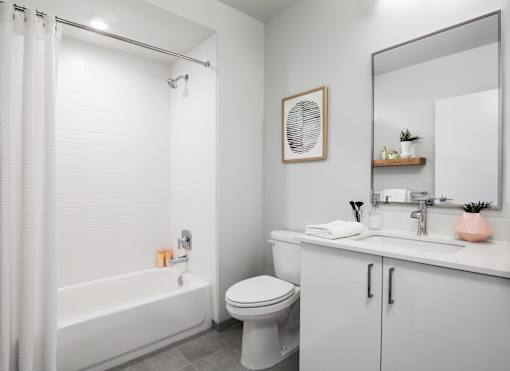 a bathroom with a shower and a toilet and a sink