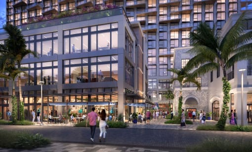 a rendering of a building with people walking in front of it