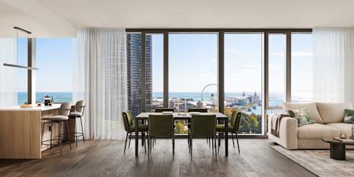 A modern living room with a view of the cityscape.