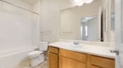 a bathroom with a sink and a tub and a mirror