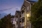 a row of houses at night with trees and a blue sky