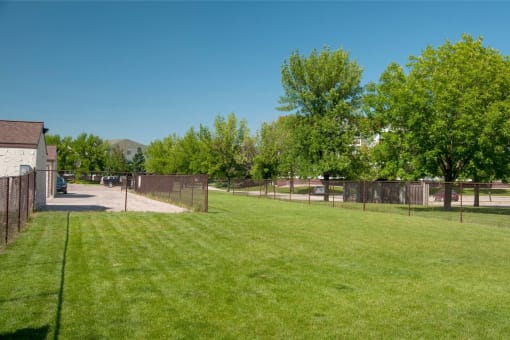 a fenced in backyard with a grass field and trees
