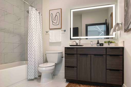 a bathroom with a toilet sink and bathtub in a 555 waverly unit at 220 Meridian, Indianapolis, IN 46204