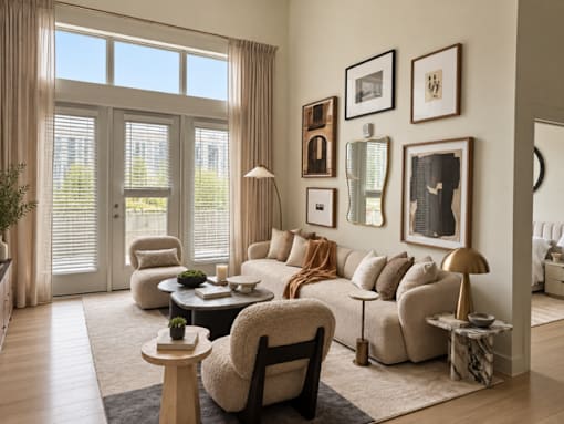 A living room with a large window, a sofa, a chair, a coffee table, and pictures on the wall.