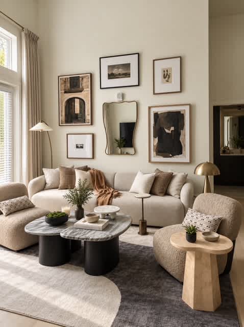 A living room with a grey couch, a grey coffee table, a grey rug, a wooden side table, a white chair, a white sofa, a white couch, a white wall, a white floor, a white ceiling,