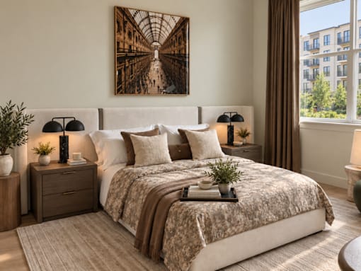 A bedroom with a large bed, a painting on the wall, and a window with a view of a building outside.