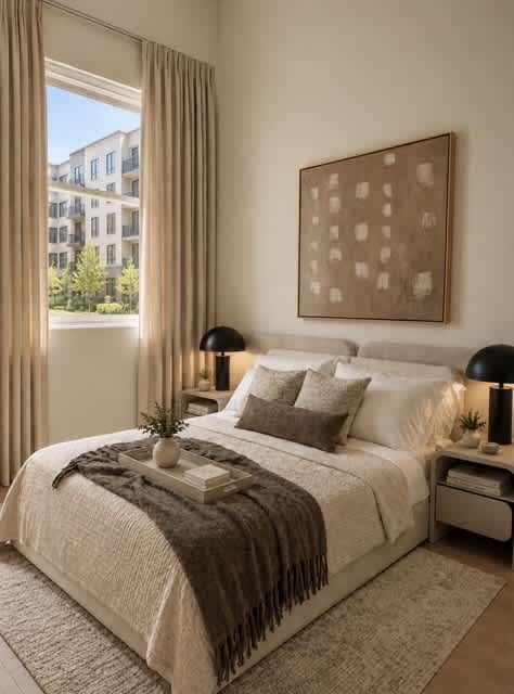 A bedroom with a large bed and a painting on the wall.