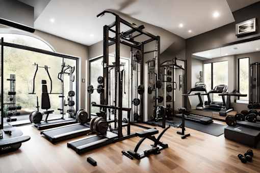 A well-equipped gym with a variety of exercise machines and weights.