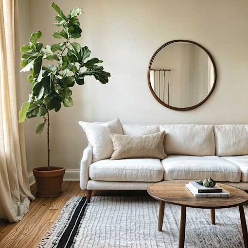A living room with a white couch, a round mirror, a potted plant, and a coffee table.