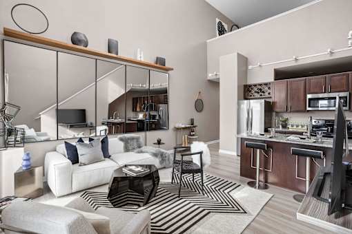 A modern living room with a white couch and a black and white rug.