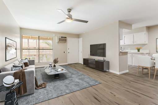 A living room with a grey rug and a white sofa.