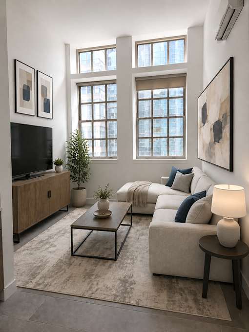A living room with a couch, a coffee table, and a television.