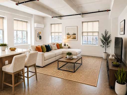 A living room with a white couch and a coffee table.