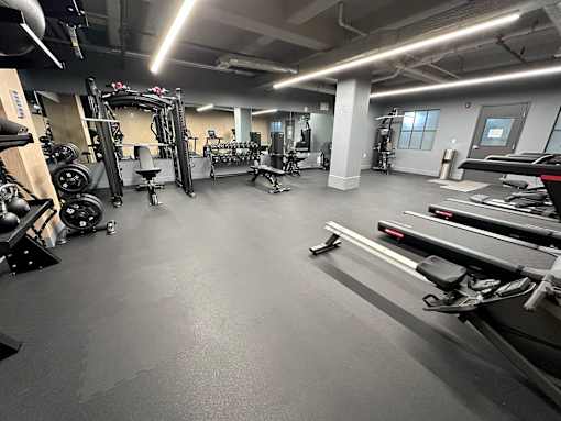 A spacious gym with a variety of equipment including treadmills, weights, and a bench press.
