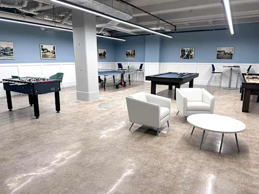 Bell Lofts apartments Game Room and Lounge with billiards, ping pong, shuffleboard and foosball