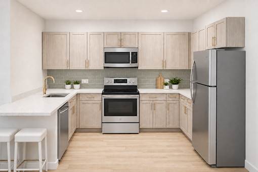 Modern kitchen with light wood cabinetry and white countertops at The Maddox Apartments, Trenton