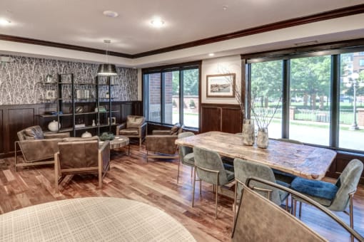 Coffee lounge with workspaces overlooking the park. at The Whitley, Minnesota