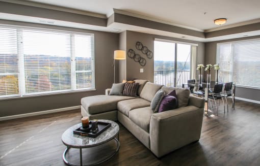 a living room with a couch and a table  at Victoria Park and V2 Apartments, Minnesota, 55102