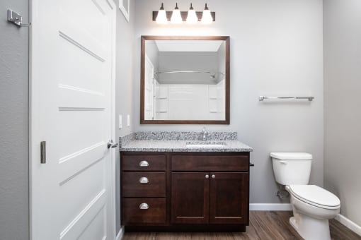 a bathroom with a toilet and a sink  at Victoria Park and V2 Apartments, St. Paul