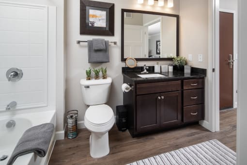 a bathroom with a toilet a sink a mirror and a bathtub at The Gallery Apartments, Minnesota, 55337