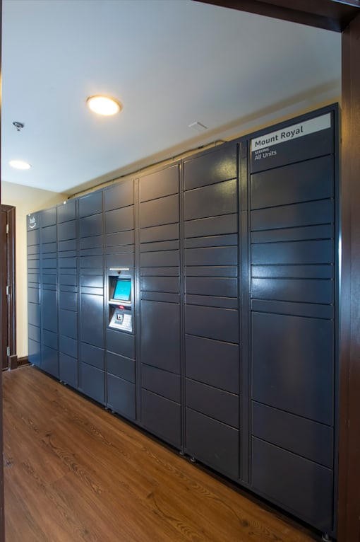 A wall of lockers with a sign that says Mount Royal.