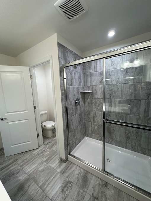 A bathroom with a walk-in shower and a toilet.