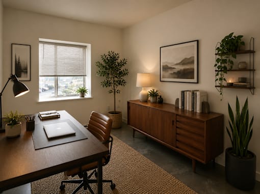 A modern home office with a wooden desk and a laptop on it.