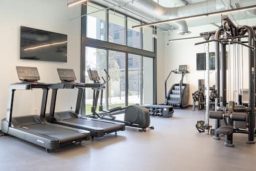 A gym with treadmills, weights, and exercise equipment.