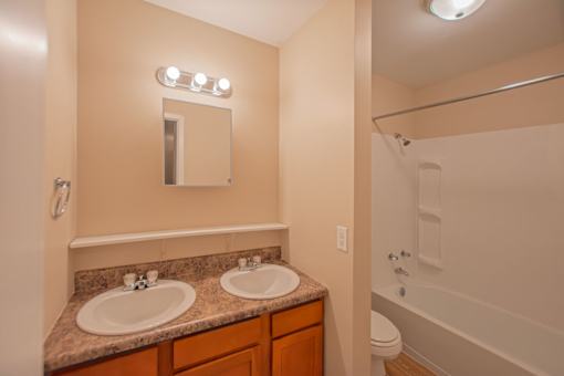 A bathroom with a vanity, a mirror, and a bathtub.