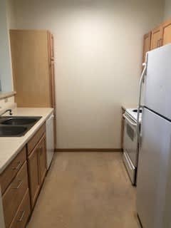 A kitchen with a white refrigerator, sink, and wooden cabinets.