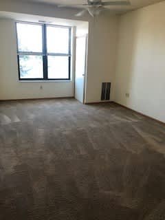 A room with a carpeted floor and a ceiling fan.