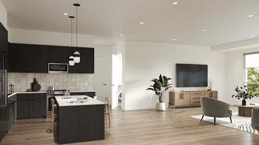 A modern kitchen with a black and white color scheme.