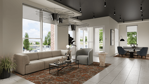 A modern living room with a large window and a view of trees and a building outside.