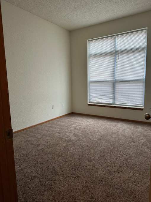 A room with a carpeted floor and a window with blinds.