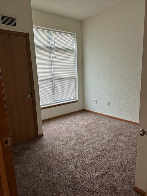 A room with a brown carpet and a wooden door.