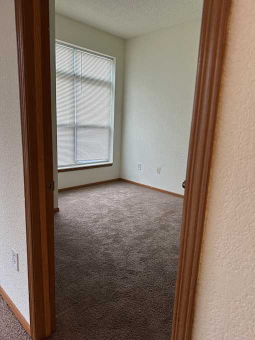 A room with a carpeted floor and a window with blinds.