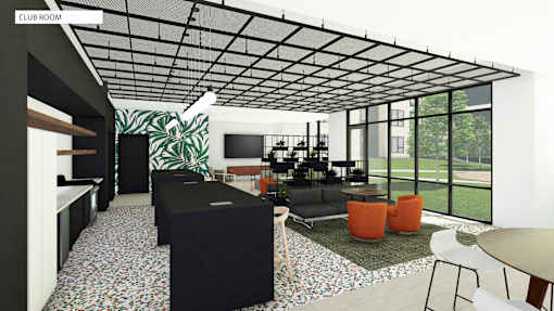 A black and white photo of a club room with a black table and orange chairs.