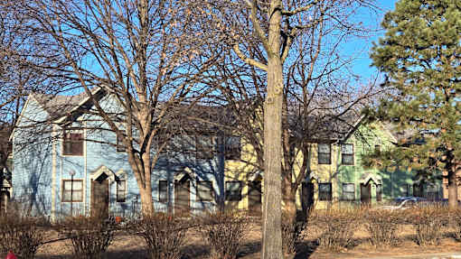 A large tree in front of a blue house.