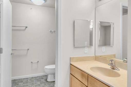 A bathroom with a toilet, sink, and mirror.